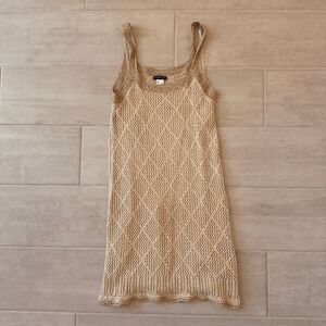 Venus Mini Dress Crochet Knit Sleeveless Metallic Trim Beige Lined Medium Beachy